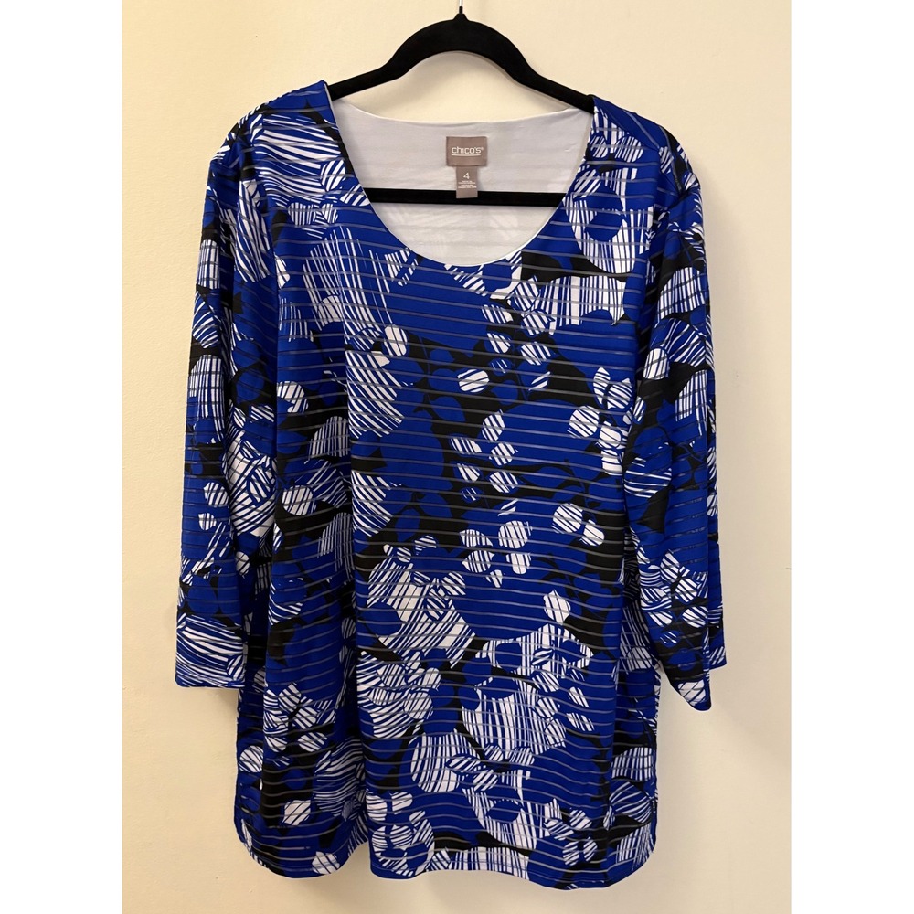 Chicos Size 4 Blue Floral Shadow Stripe Burnout Lined 3/4 Sleeve Top XXL 20